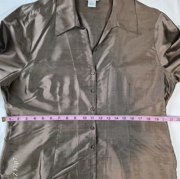 Allion Taylor Gold Silk Satin Band Collar V-Neck Blouse - Long Sleeve - Picture 4 of 7